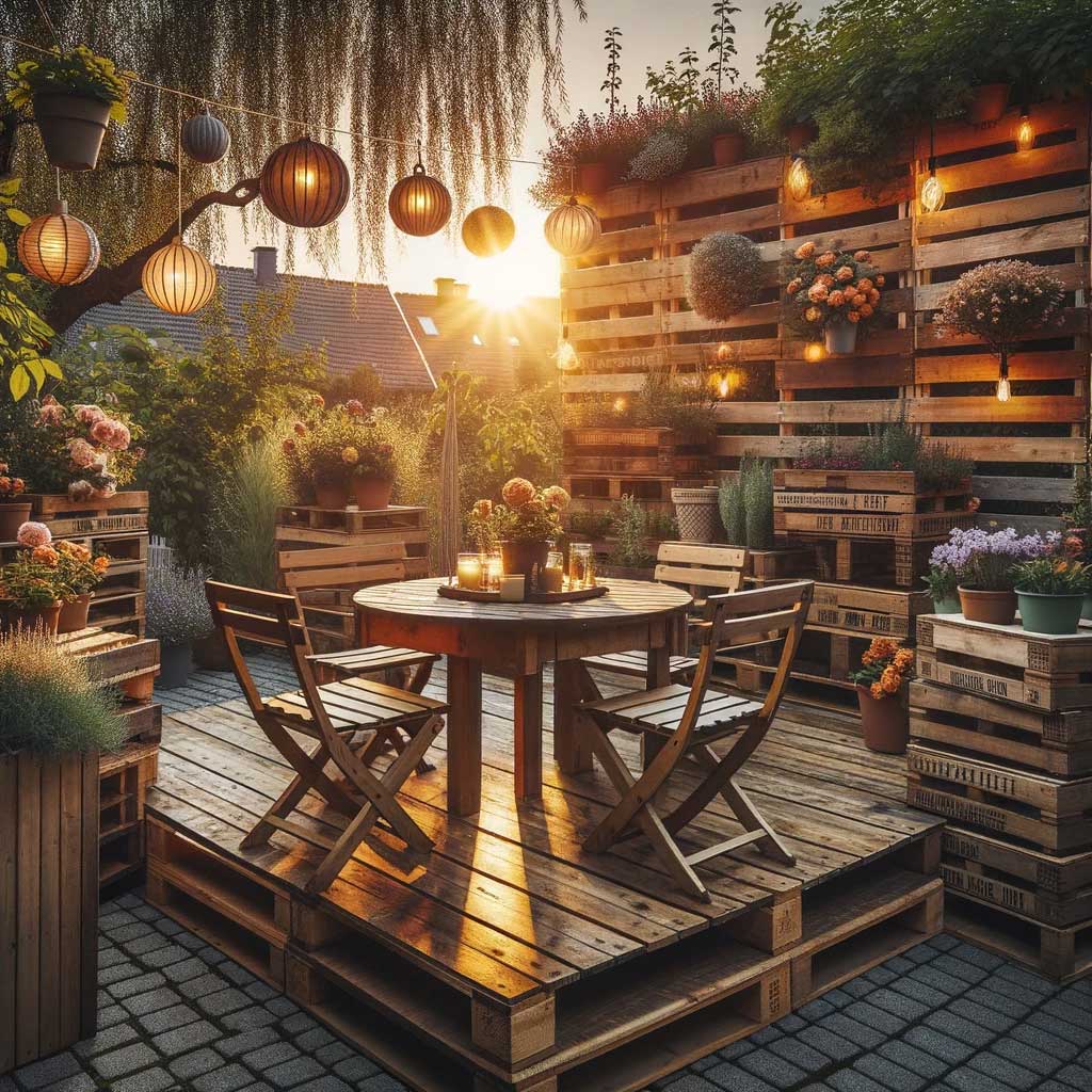 Terrasse aus Holzpaletten selber bauen inkl. Sichtschutz.